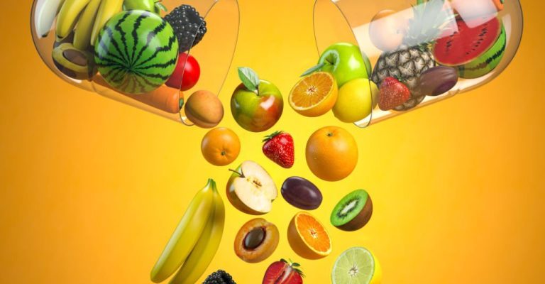 Different fruits in medical capsule, Vitamin dietary supplement and health nutrition concept. 3d illustration